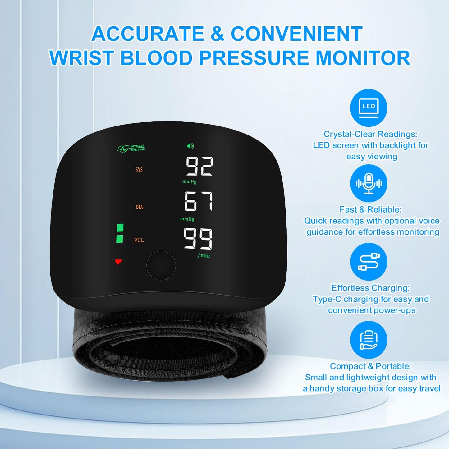 Rechargeable Wrist BP Monitor – Digital LED Display & Voice Broadcast